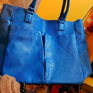 Neiman Marcus | Large Faux Leather      Blue Reptile Embossed Tote Bag